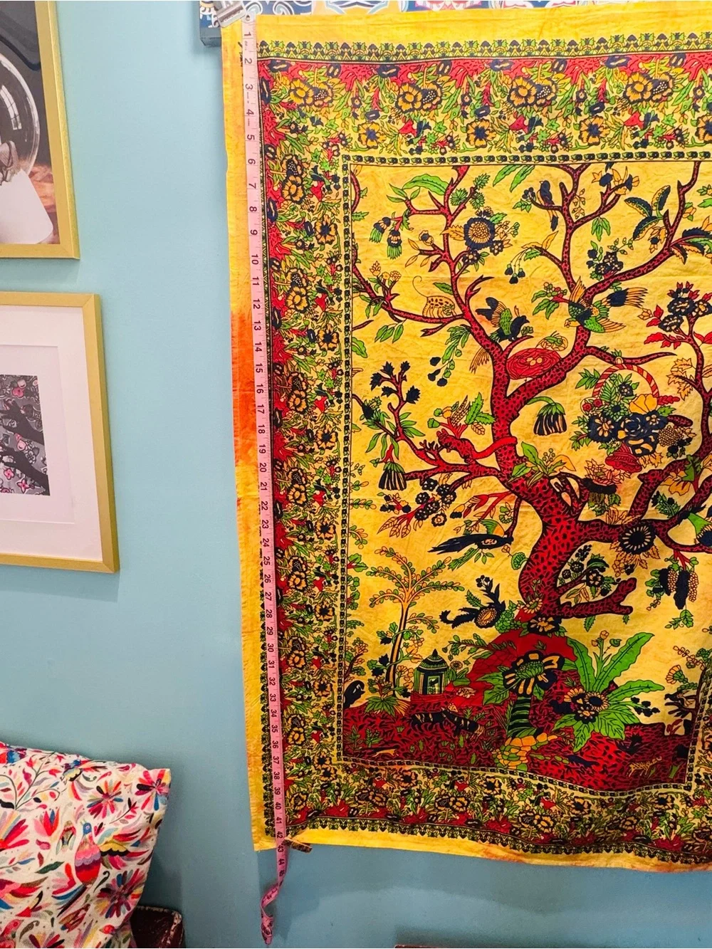 Vintage Tree of Life Wall Tapestry Boho Floral Bird Print Textile 43” x 28”